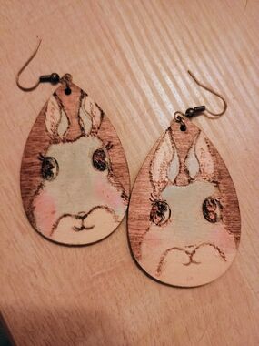 Handmade Bunny Teardrop Wood Earrings - Cream and Pink